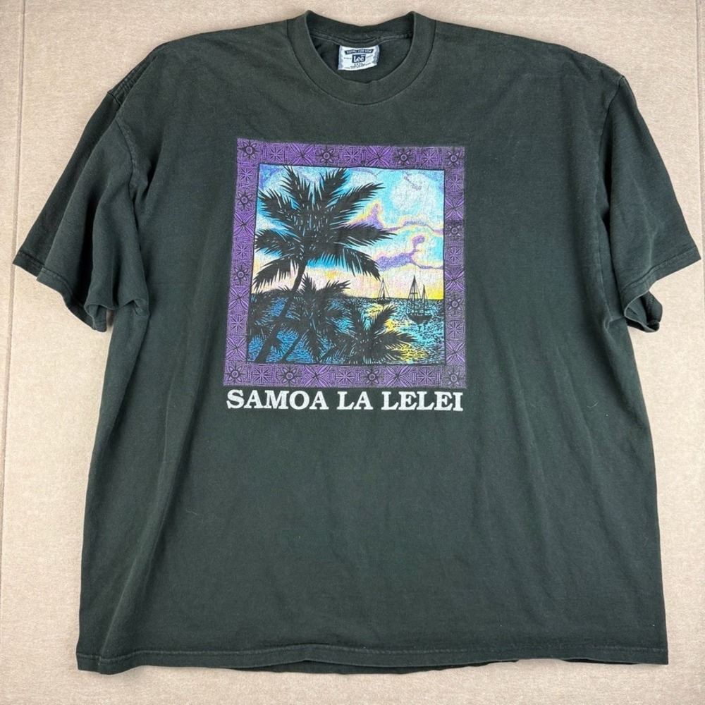 Vintage Lee Samoa La Lelei‎ Tee Mens XXXL Black Island Graphic Made USA